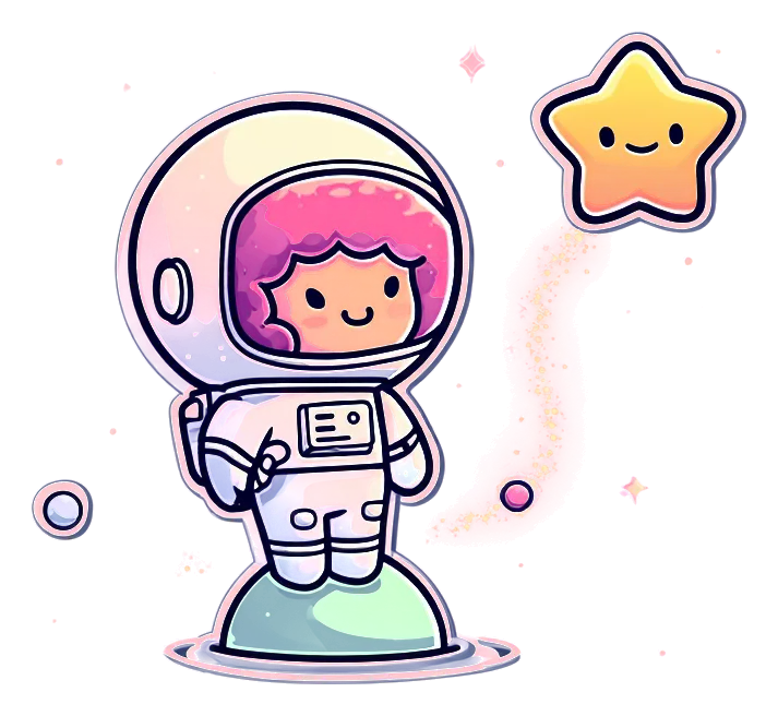 Astro, a chibi astronaut with pink curly hair, standing on a small mint planet beside a smiling butter-yellow star and a trail of sparkles